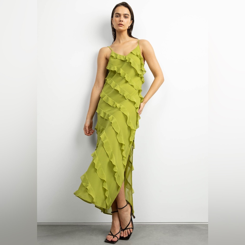 [oak and fort] pickled pepper green ruffle trim maxi dress